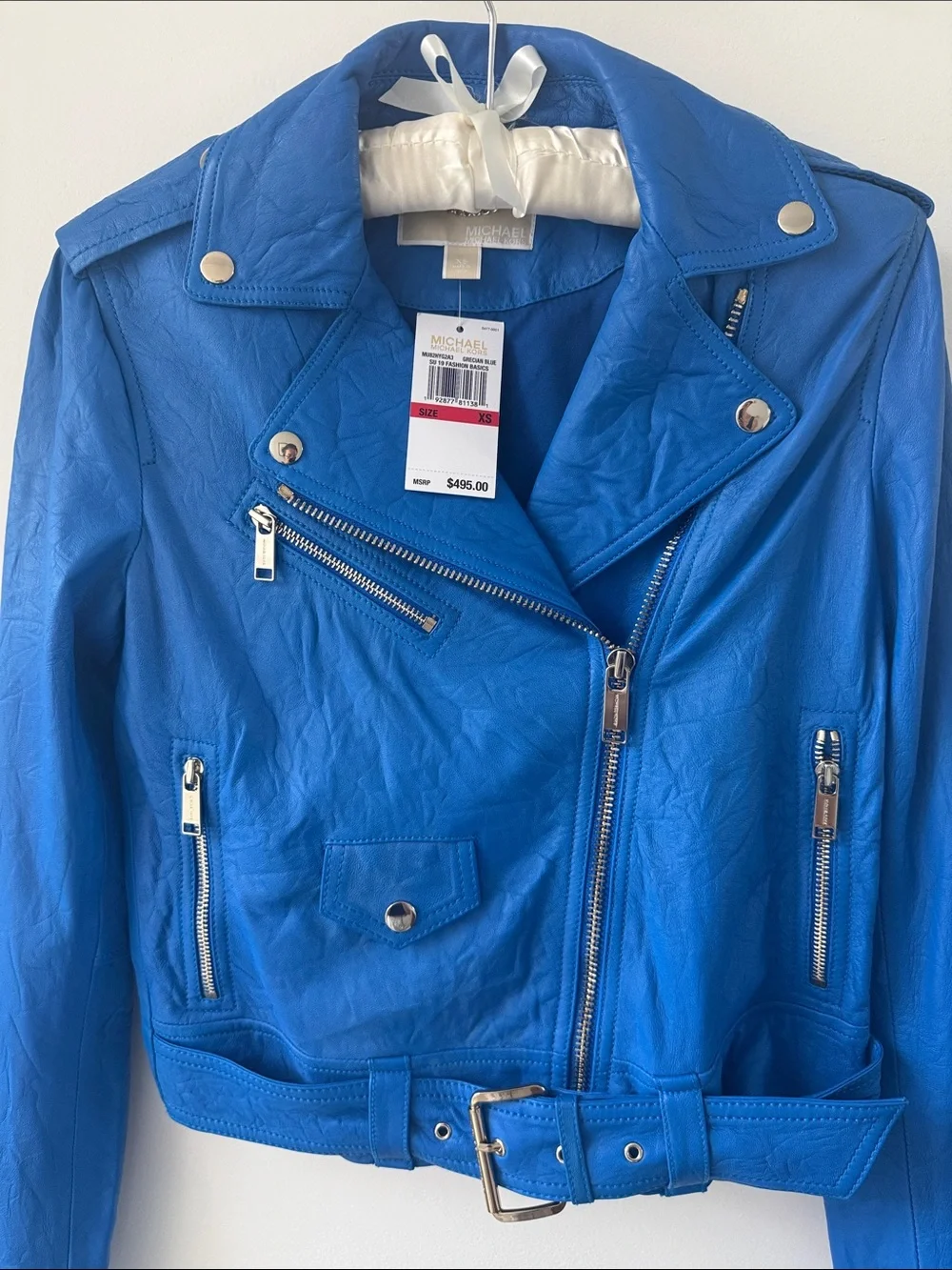 Michael Kors Grecian Blue Belted Leather Moto Jacket XS NWT